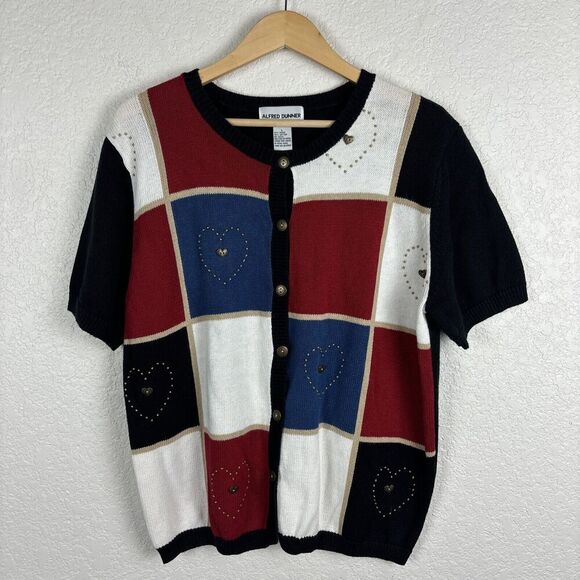 Vintage Alfred Dunner Womens Patchwork Button Up Sweater Large Red White Hearts - Picture 1 of 7